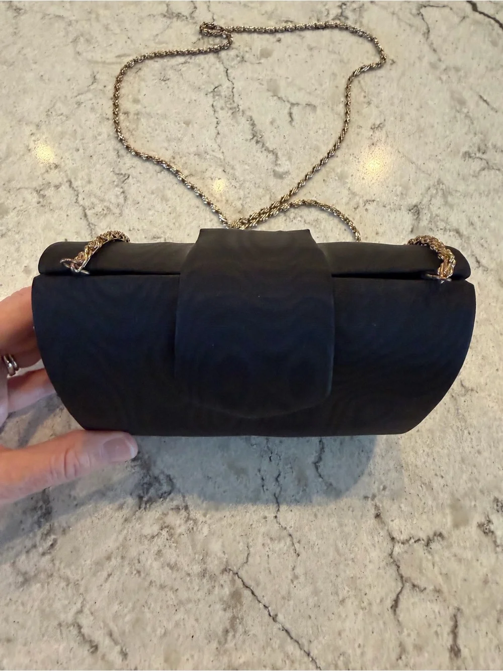Vintage Black Satin Evening Clutch Purse Gold Chain Convertible Handbag